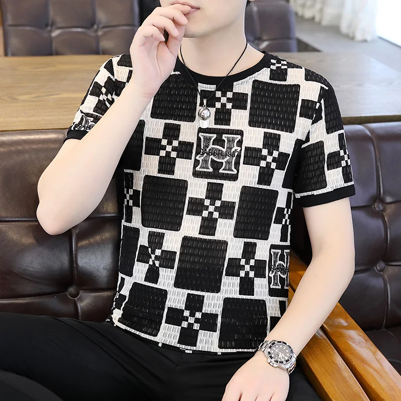 تي شيرت رجالي ضيق مطبوع هندسي ، تجفيف سريع ، تنفس ، راحة ، تي شيرت اجتماعي ، ملابس نوادي ليلية ، كاجوال ، صيفي #4