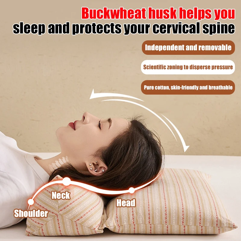 Adult Home Buckwheat Hulls Pillow Core Support Aid  Traction Triangle Pillowcase Cervical Protection Spine Cylindrical Pillow