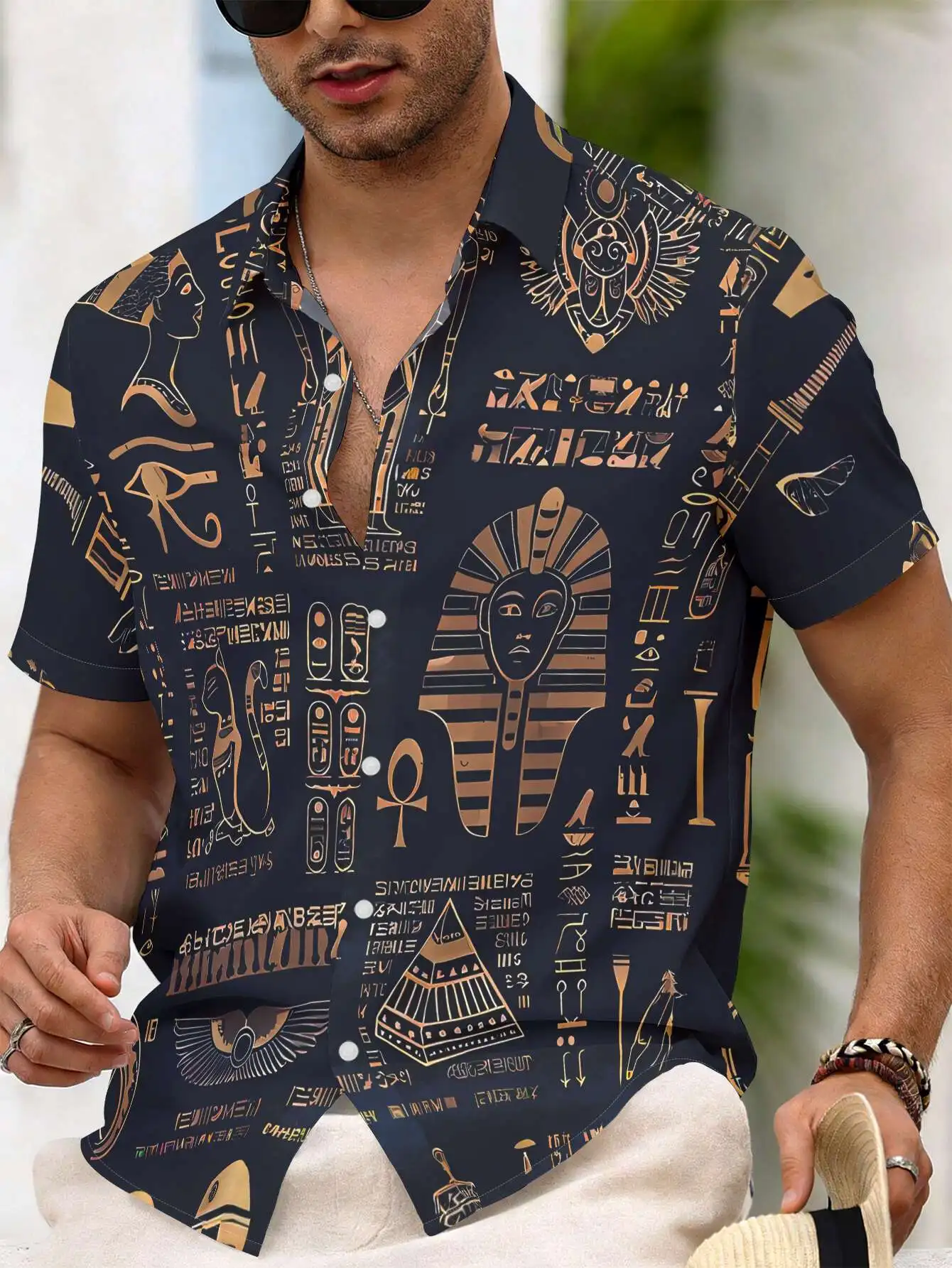 Vintage Egypt Symbol Pharaoh Cat Hieroglyph Pattern Unisex Short Sleeve Blouse Camp Collar Loose Tropical Vacation Shirt