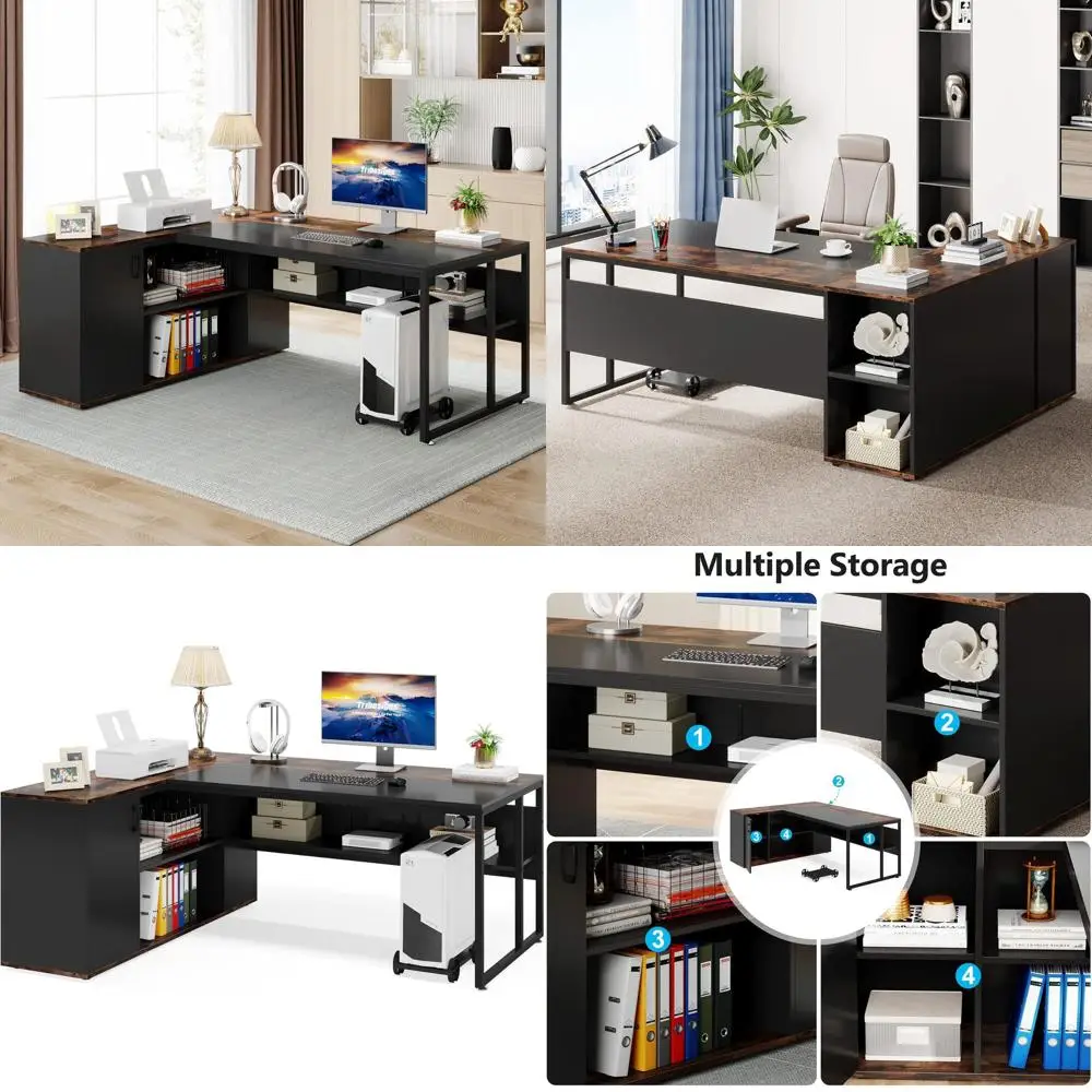 71 L-Shaped Executive Office Desk with File Cabinet, Brown, for Business or Home Office