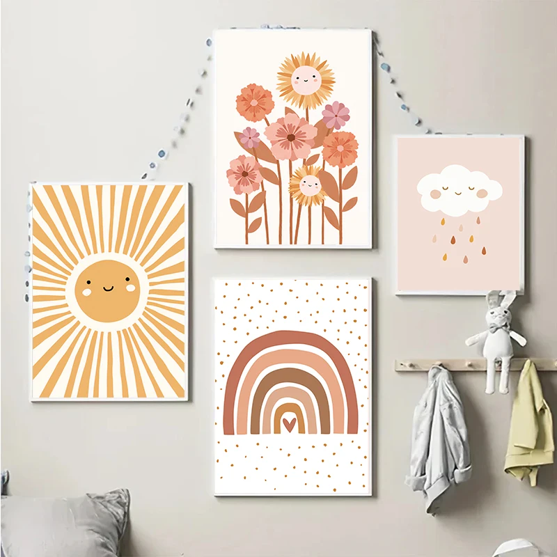 Canvas Painting Colorful Rainbow Sun Cloud Flower Poster Prints Boho Style Wall Art For Child Nursery Girl Room Decor Wall Decor