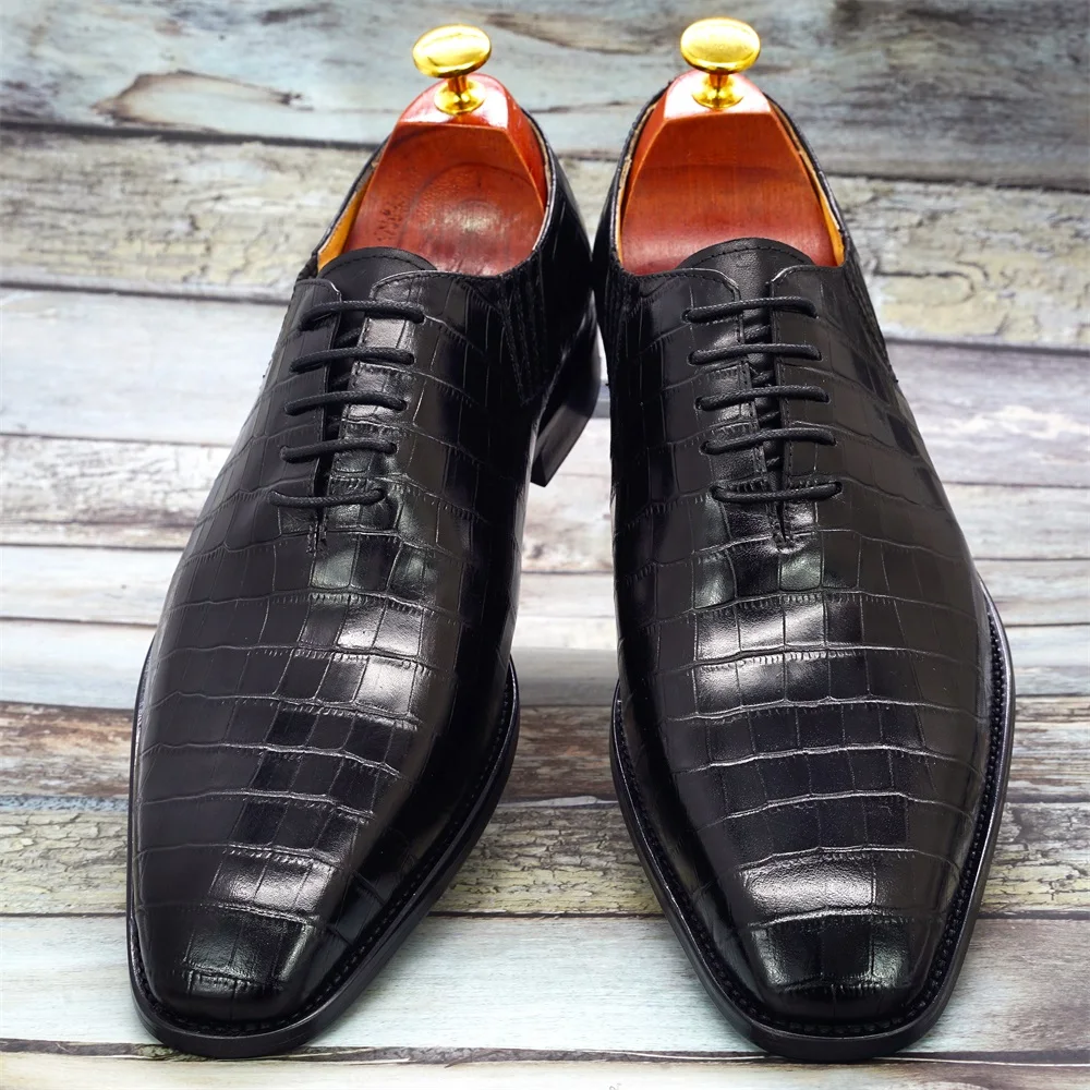 Luxury Mens Oxford Dress Shoes Genuine Leather Alligator Print Men\'s Shoes Handmade Lace Up Whole Cut Formal Wedding Suit Shoes