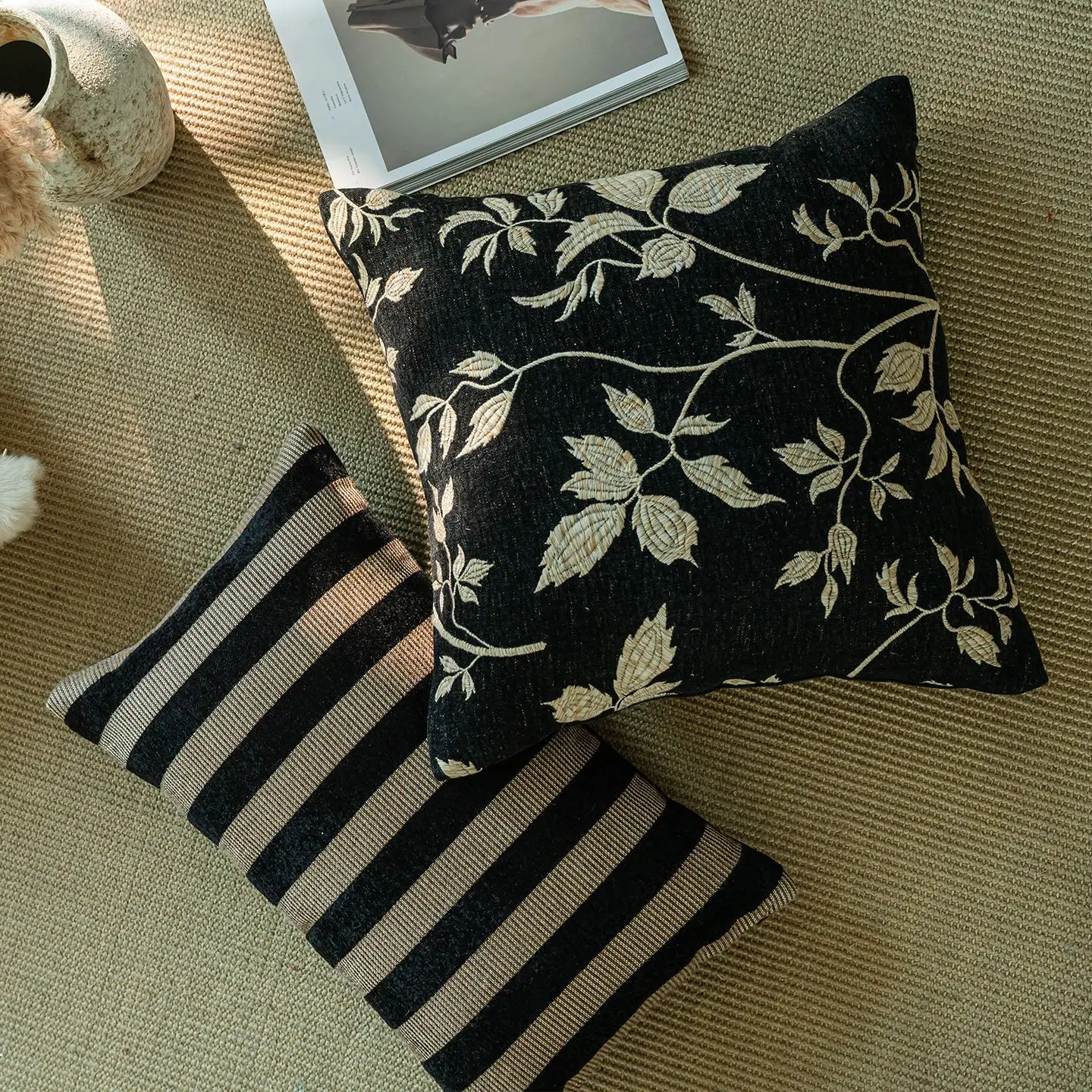 

Premium Luxury Embroidered Chenille Pillow Covers Set Gold Botanical Chocolate Boho Throw Cushion Covers for Elegant Living Room