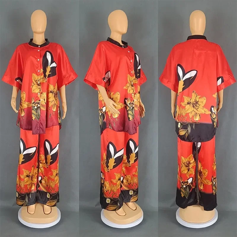 

2 Piece African Clothes for Women Summer 2024 Fashion African Short Sleeve Polyester Print Top Long Pant Matching Sets Outfits