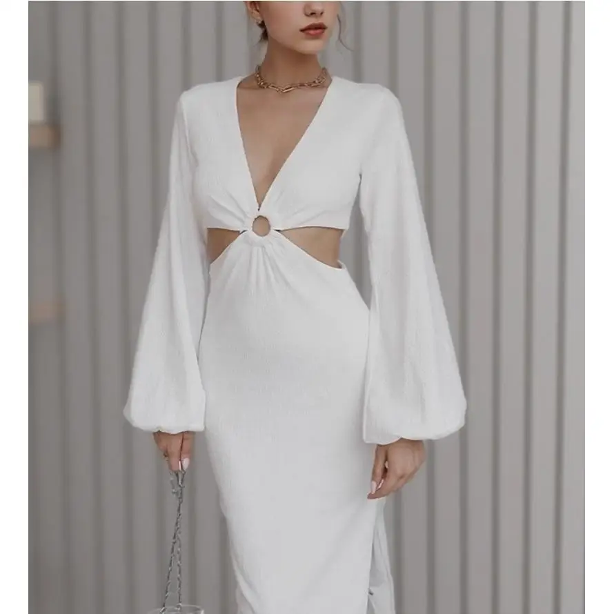 Sexy évider v-ne gilet moulante Dr pour anniversaire Par lumière Maturi Sle longue Sve lanterne Sve robe