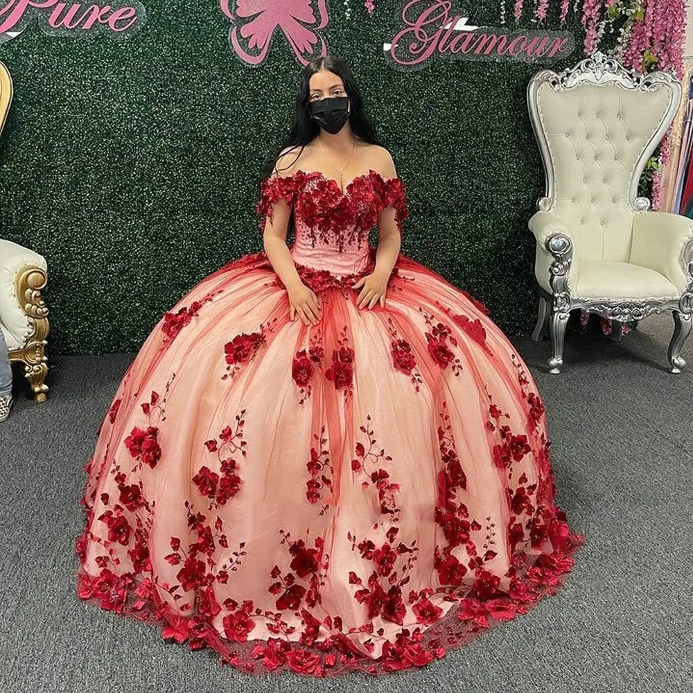 Vestido De quinceañera De encaje con apliques De flores en 3D burdeos, vestido De baile sin hombros De talla grande para desfile, 15 Vestidos De XV Años