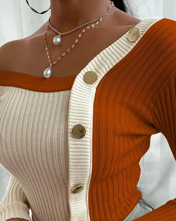 Elegant Autumn Clothes for Women Apricot Orange Patch Button Knit Pullover Irregular Collar Design Commuting Long Sleeve Sweater