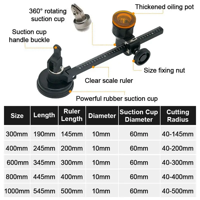 Novo 300-1000mm bússola de vidro calibre cortador kit ventosa acessórios de corte de vidro 360 graus cortador de garrafa de vidro ferramentas de