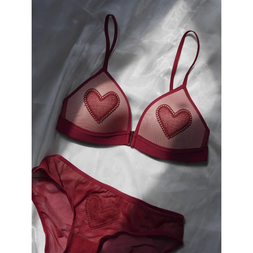 Red Lingerie Set Wireless Front Hook Bra French Triangle Thin Cup Embroidery Bra Set For Festival Soft Comfortable Daily Use
