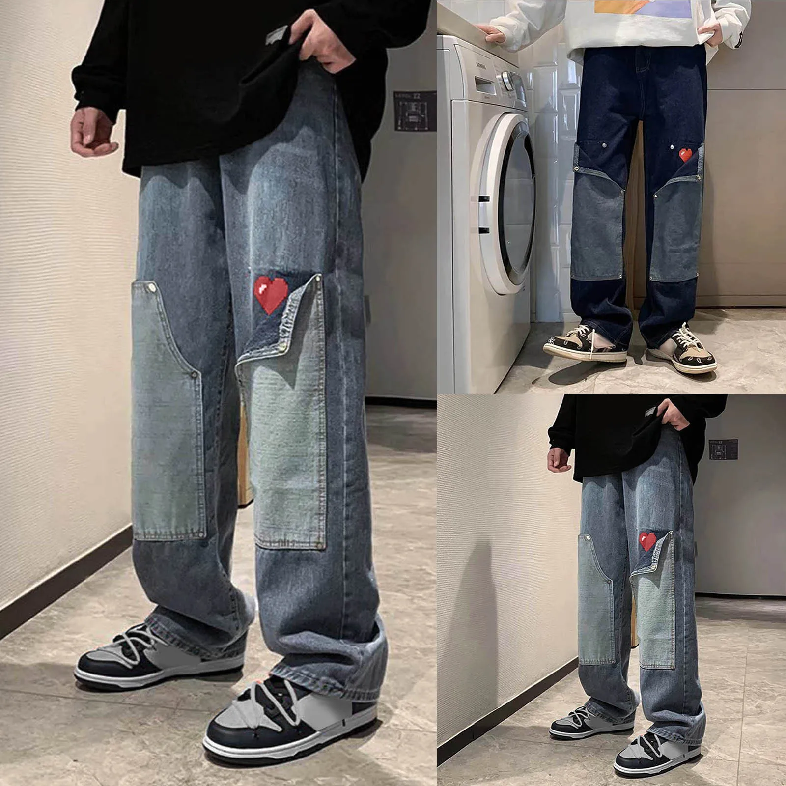 

Korean Fashion Men'S Baggy Jeans Classic All-Match Blue Straight-Leg Denim Wide-Leg Pants Casual Patch Love Jeans Y2k Trousers