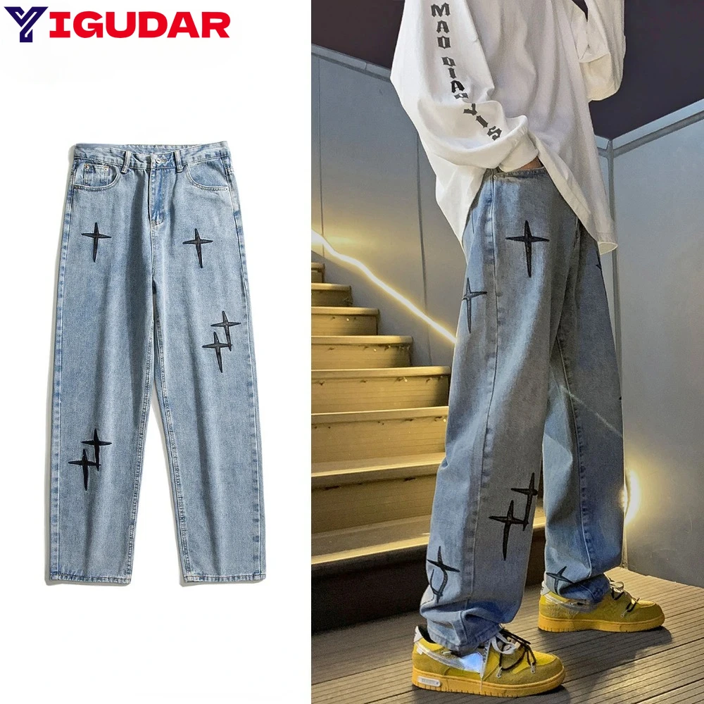 New Cross Star Embroidery Jeans Men 4 Seasons Street Trend Patch Retro Blue Loose Straight Wide Leg Jeans Trousers y2k