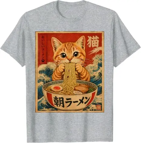 Lustiges Katzen-Ramen-Grafik Retro Japanisches Kawaii Anime Nudel T-Shirt Y2k Cartoon Weiches Baumwoll-T-Shirt für Frauen Männer Harajuku Tees – Detail 7