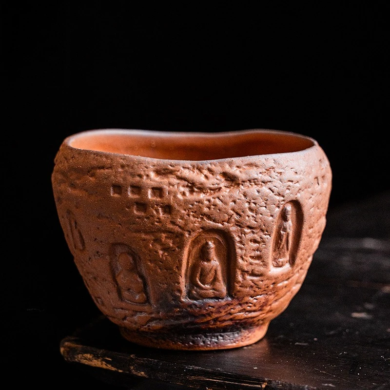 Coarse pottery Dunhuang master cup large-capacity teacup creative engraving tea tasting cup with gift box gift kung fu tea set