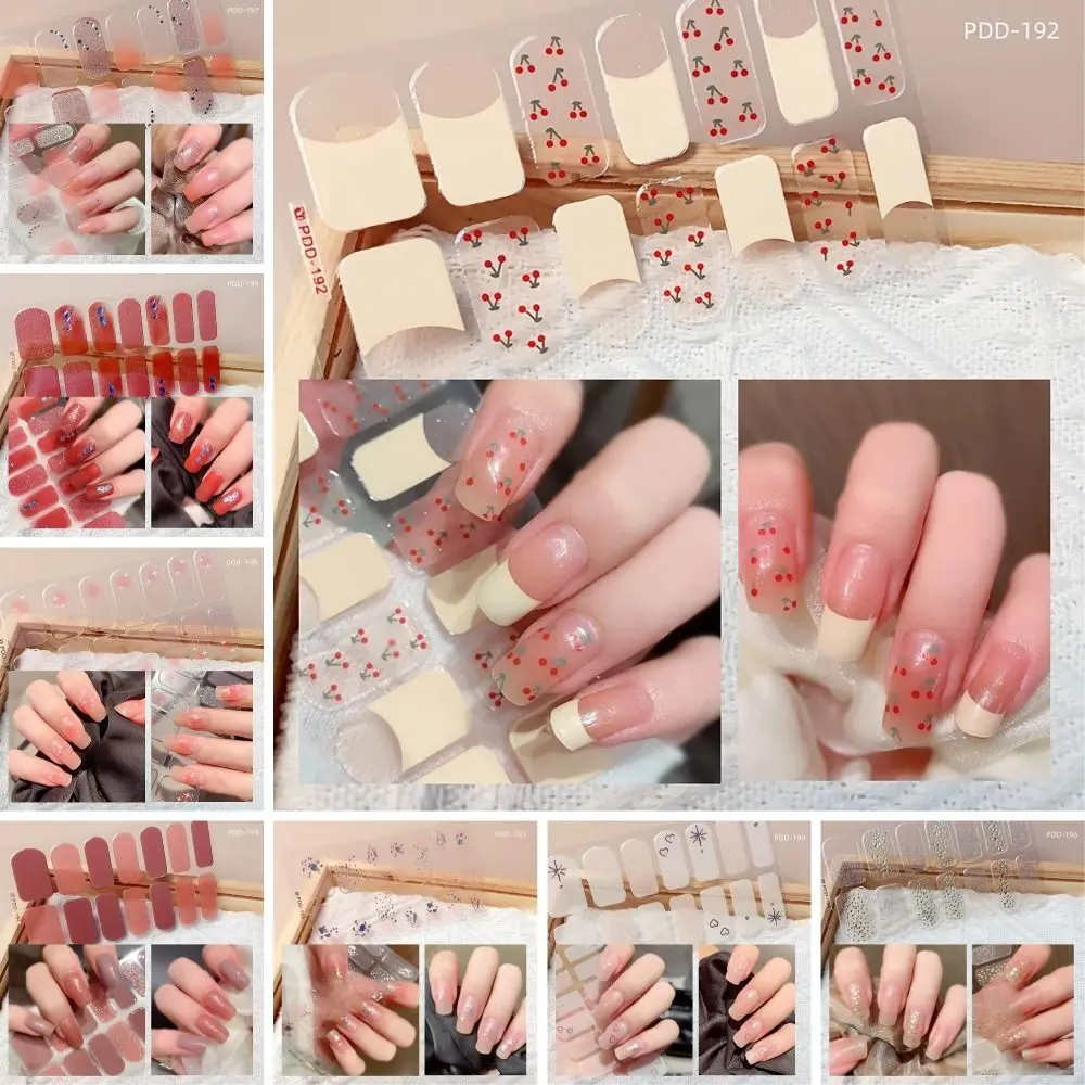 INS Trendy 14Strips Gel Nail Stickers Semi Cured Full Cover Gel Nail Polish Strips Floristic Nail Patch DIY Nail Art Making