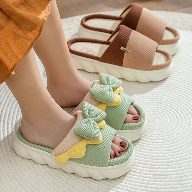 Linen Slippers Women Indoor Slippers Comzy Anti-Slip House Cotton Shoes Cute Bowknot Flat Slipper Couples Slides image 3