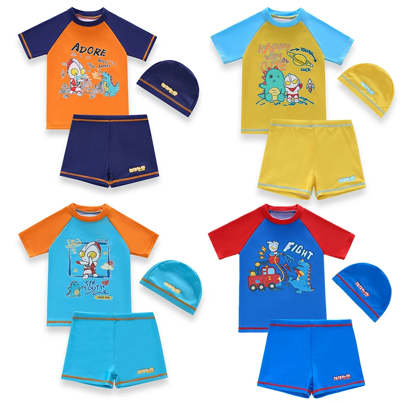 

3 Pcs Boy Swimsuit Sun Protection Short Sleeve Swimming Sunsuit Hat Cartoon Dinosaur Split Bathing Suits Children Swim Set