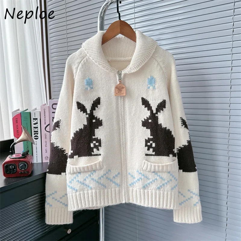 Neploe Advanced Turn-down Collar Long Sleeve Print Cardigan Korea Minority Rabbit Knit Sweaters Jacquard Lazy Loose Warm Jumper