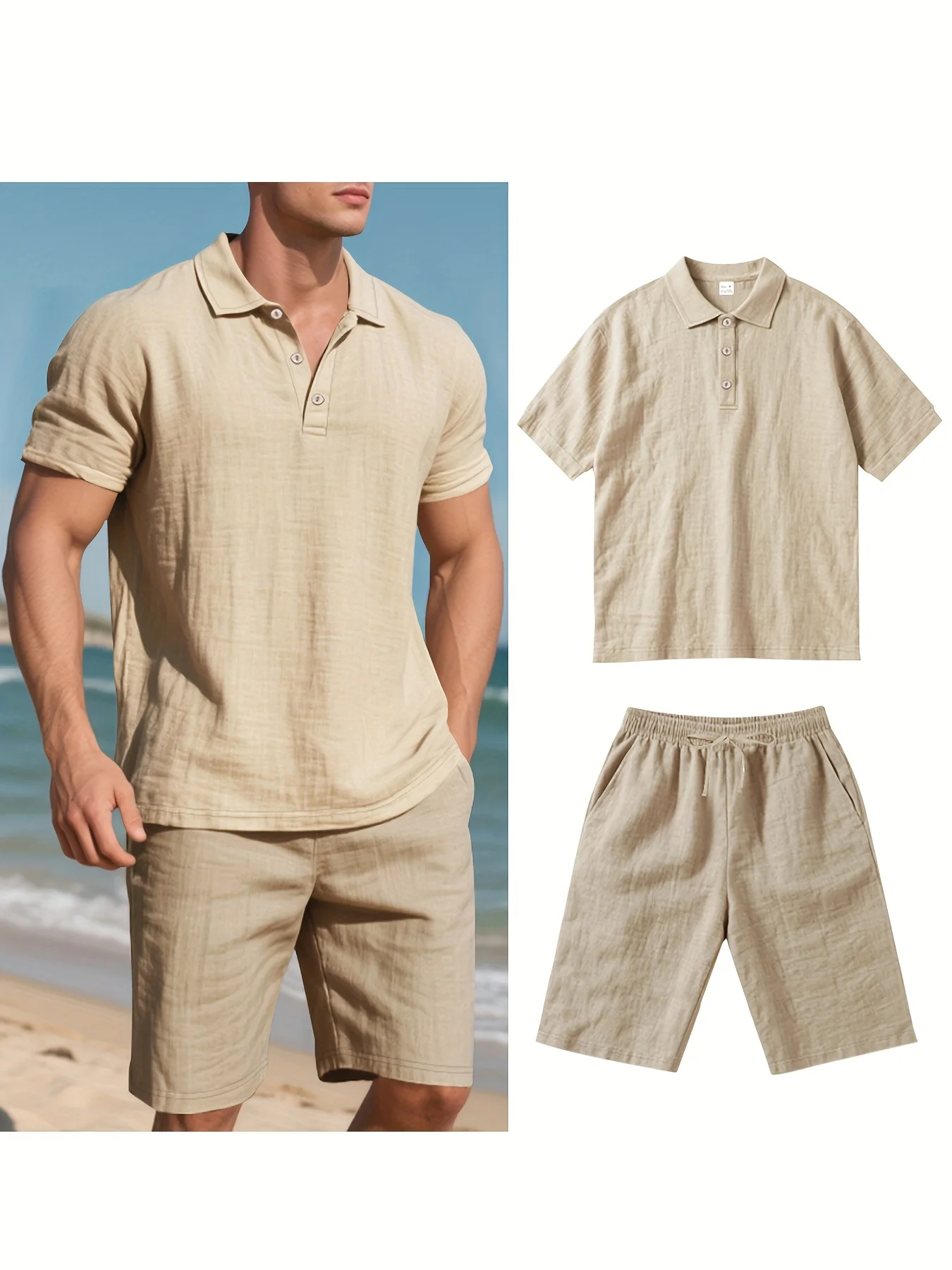 

Summer Men's Solid Color Linen Shirt And Shorts Set Comfortable Casual Beach Vacation Outfit Simple Stylish Ensemble