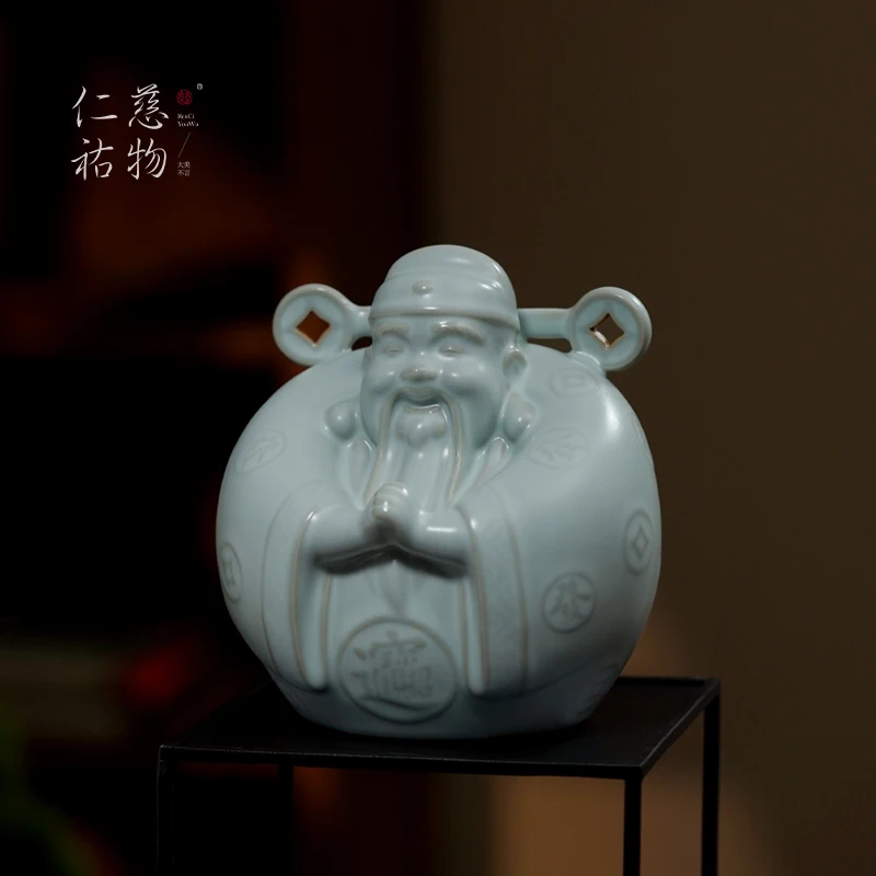 

Ru kiln God of Wealth ornament, living room light luxury high-end entrance office desktop decoration, niche retro ceramic gifts