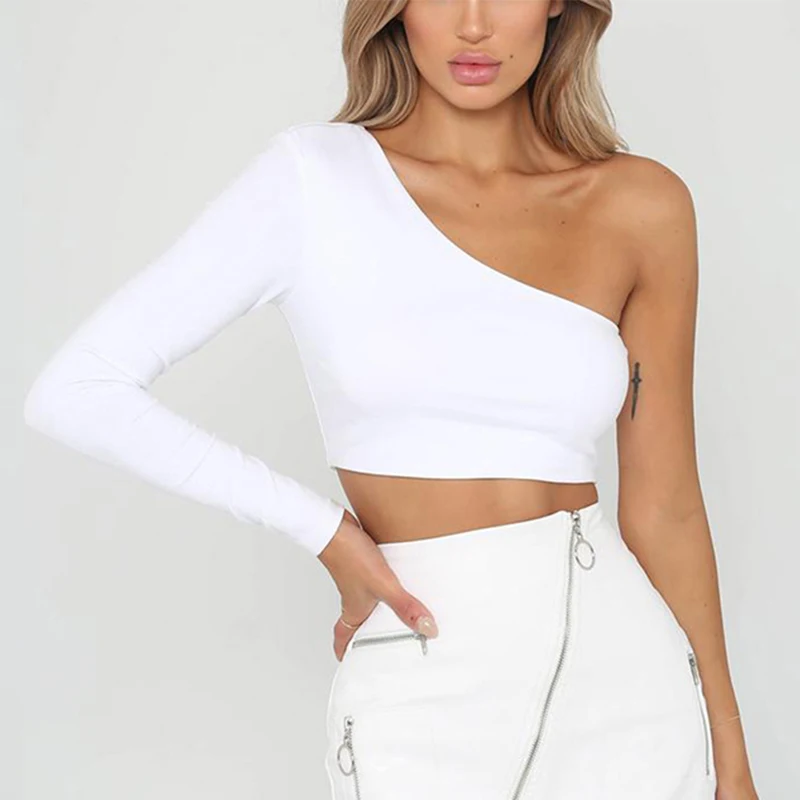 Cdjlfh Sexy Een Schouder Crop Top T-Shirt Vrouwen Diagonale Kraag Lange Mouw Tshirt Casual Basic Witte Slim Fit Bodycon Tees Tops