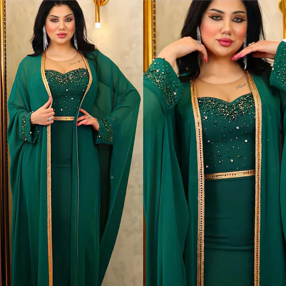 2024 Nieuwe Abaya Set Mesh Diamanten Open Abaya + Innerlijke Lange Jurk Islam Kleding Moslim Vrouwen Jurken Set Turkse Kaftan Ramadan Eid