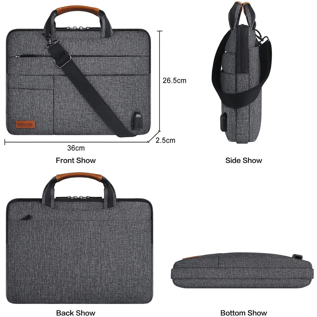 DOMISO-Multi-Funcional Laptop Sleeve, Maleta de Negócios, Messenger Bag, Porta de Carregamento USB, 10 ",13",14 ",156",17"