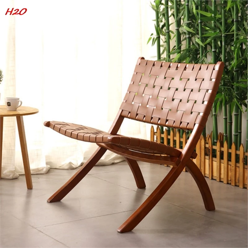 Scandinavian Ash Wood Beach Chair Solid Wood Rope Chair Saddle Leather Net Red Folding Chair Balcony Outdoor Leisure Rope Chair