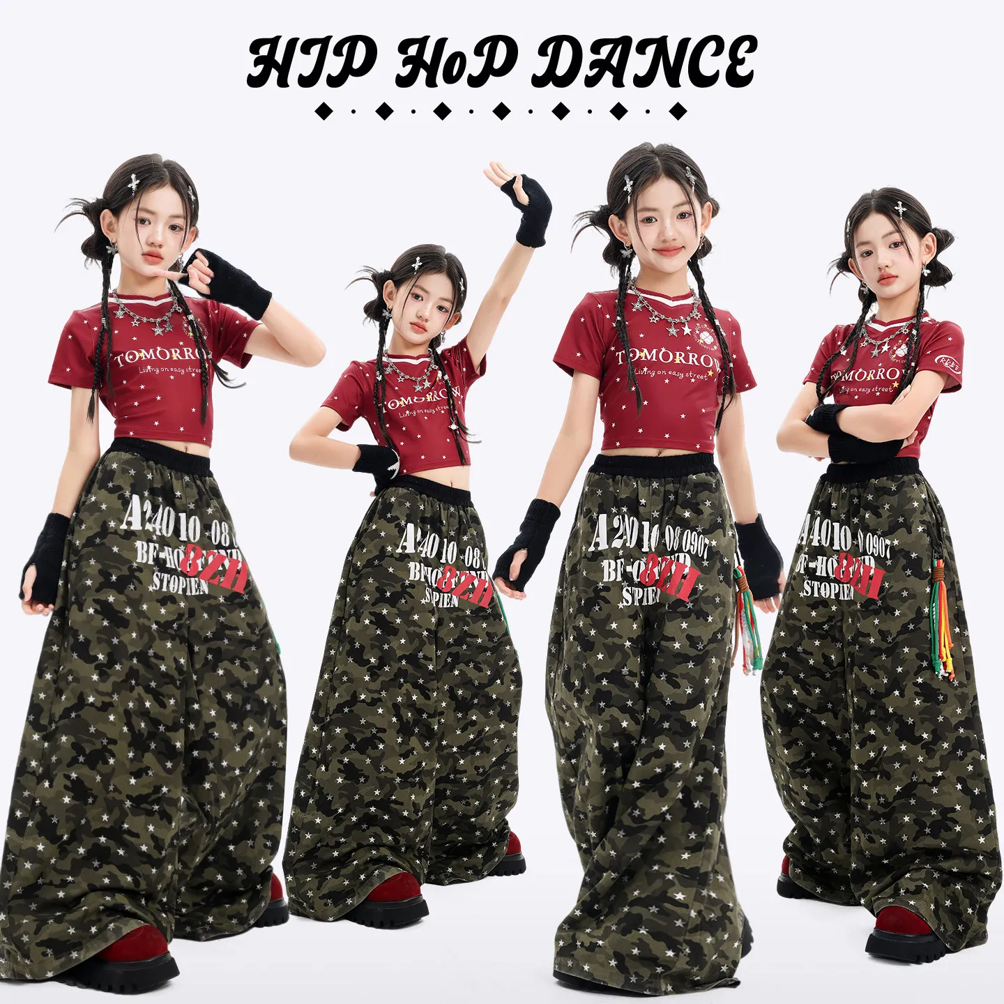 2026 Kids Red Crop Tops Loose Camouflage Pants Suit Fashion Show Jazz Dance Catwalk Performance Hip Hop Rave Clothes  DQS23650