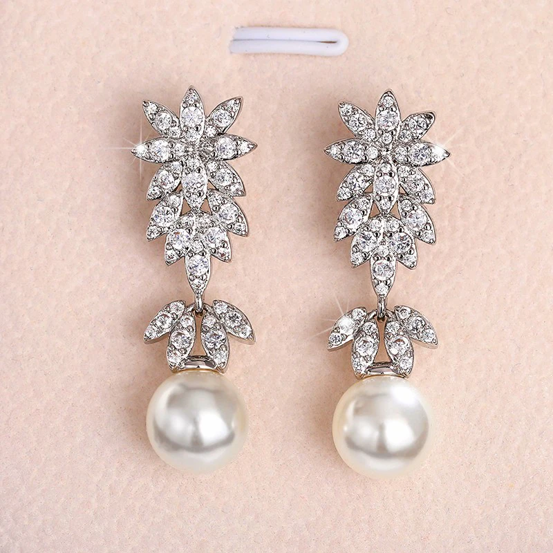 Huitan Aesthetic Flower Long Hanging Earrings with Simulated Pearl Silver Color Exquisite Earrings New for Women Wedding Jewelry
