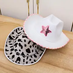 Women Girls Adult Size Neck Draw String Adjustable Cow Girl Hat White Cowgirl Hat Cowboy Hat Pink Star