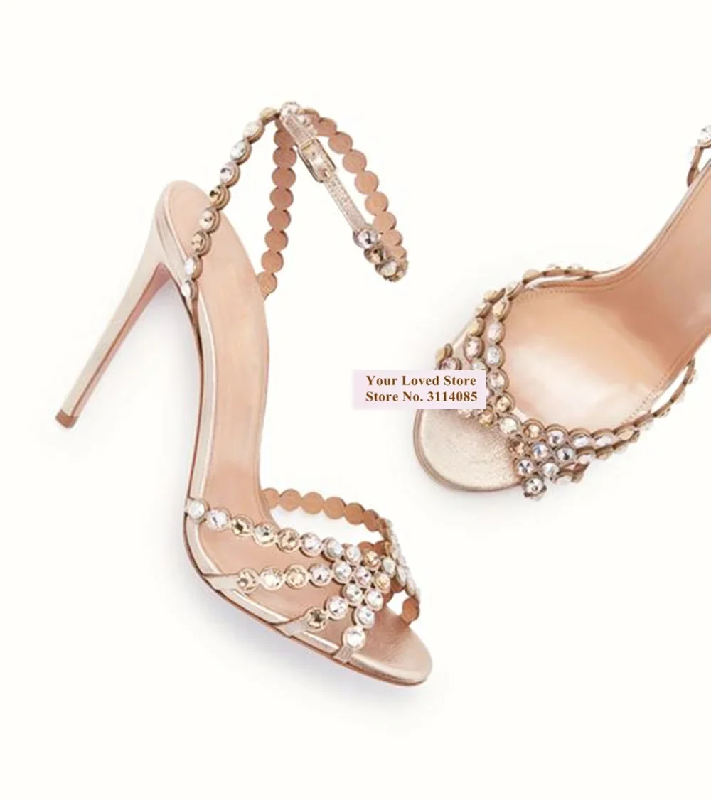 Choudory Champagne Crystal High Heel Sandals Multi-rhinestone Bling Bling Summer Stiletto Shoes Buckle Strap Evening Pumps