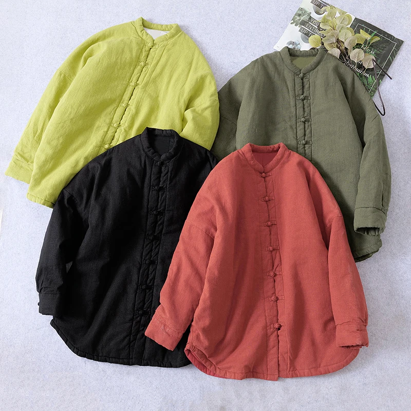 

Thiened Cotton Jaet Pure Color Button Fem Winter Coat Long Sve Regular Length Single Button Closure Retro Sle