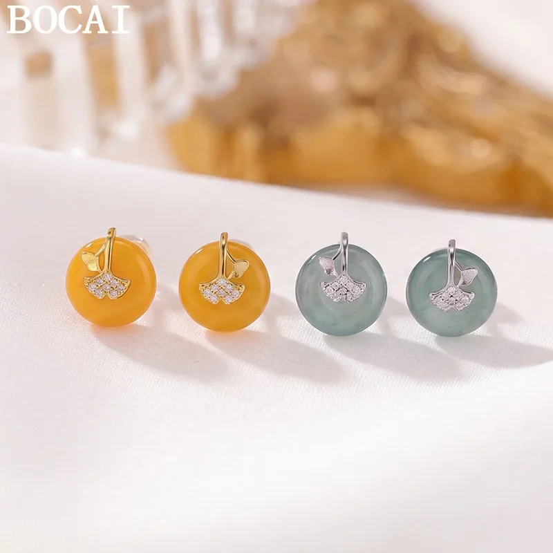 BOCAI S925 Sterling Silver Jewelry Fashionable And Luxurious Jade Beeswax Earrings, Women's Selected Gift