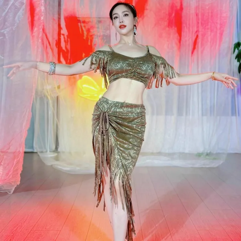 

Customized Swegal Belly Dance Skirt Practice Dress Eastern Dance Costume Drum Dance Set Olive Green Lace Oblique Skirt Hip Towel