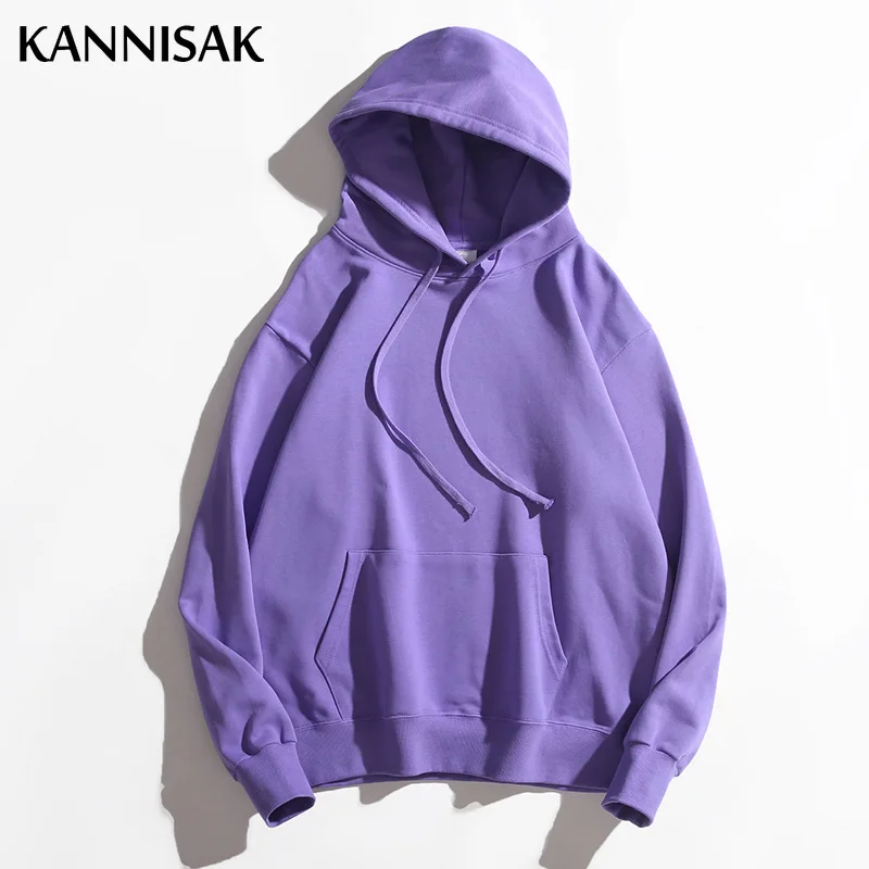 KANNISAK Oversize Mens and Womens Hoodies Spring Autumn 2022 Solid Loose 100% Cotton Harajuku Hodded Sweatshirt Couple Pullovers