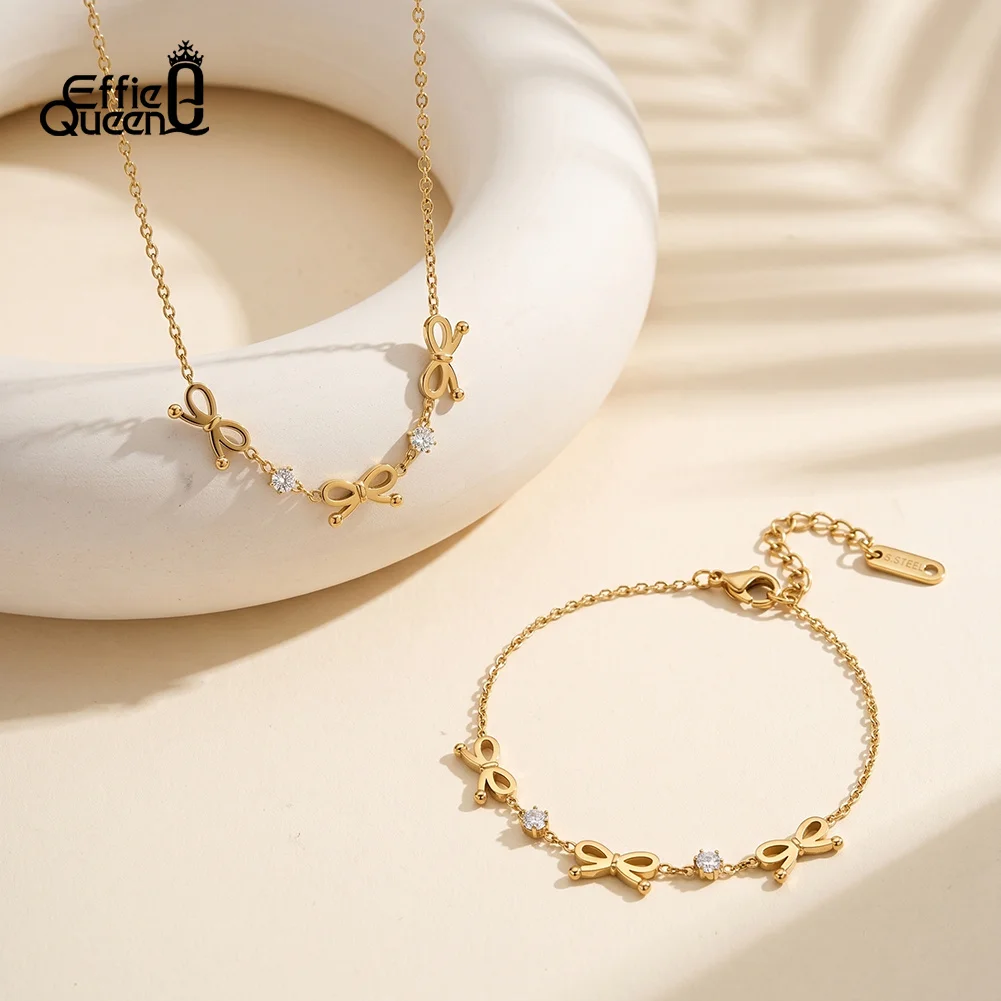 EFFIE QUEEN Stainless Steel Bow Knot Minimalist Chain Bracelet Zircon For Women Unique Design Adjustable Wrist Accessory STKB27