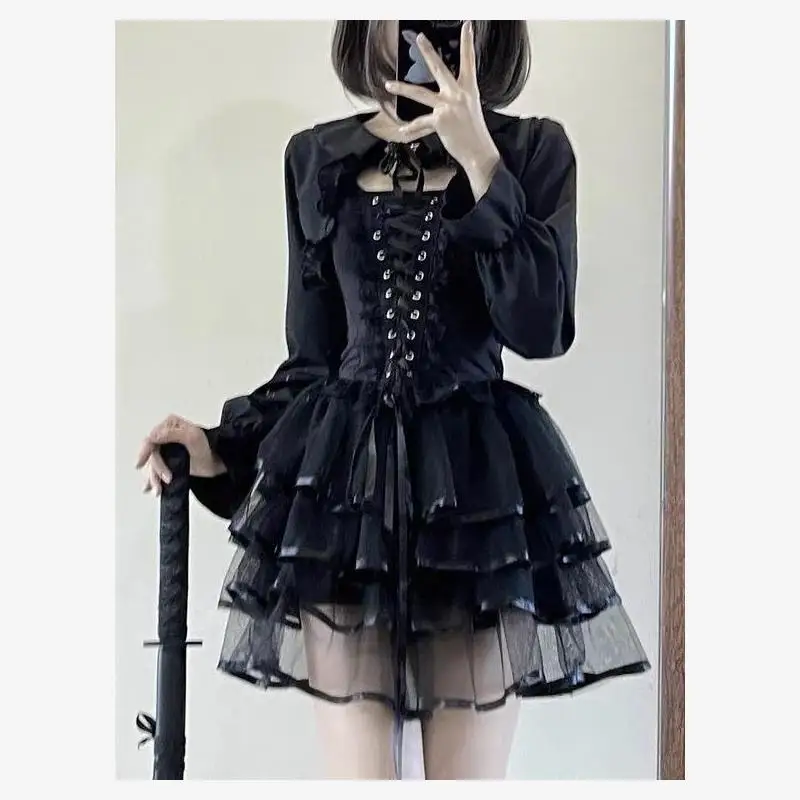 Costume gothique k loween, conception de sangle de sous-culture, taille supérieure cintrée, jupe gâteau de princesse, ensemble de t-shirt Long Sve Dr