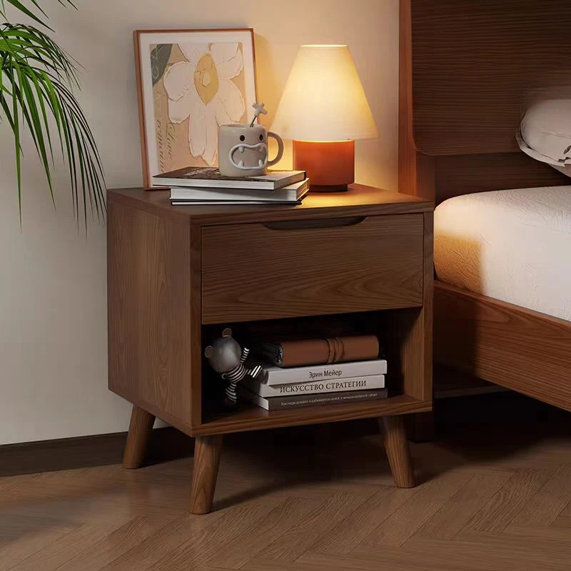 Simple Storage Cabinet for Home Bedroom, Antique Style Solid Wood Bedside Table, Small Walnut Color Storage Cabinet