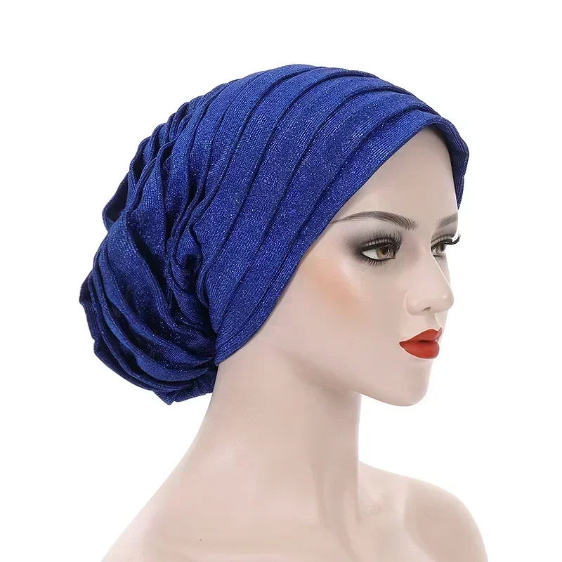 2025 Glitter Full Body Pleated Turban Cap for Auto Geles Women Head Wraps Muslim Hijab Headscarf Hat Turbante African Headpiece