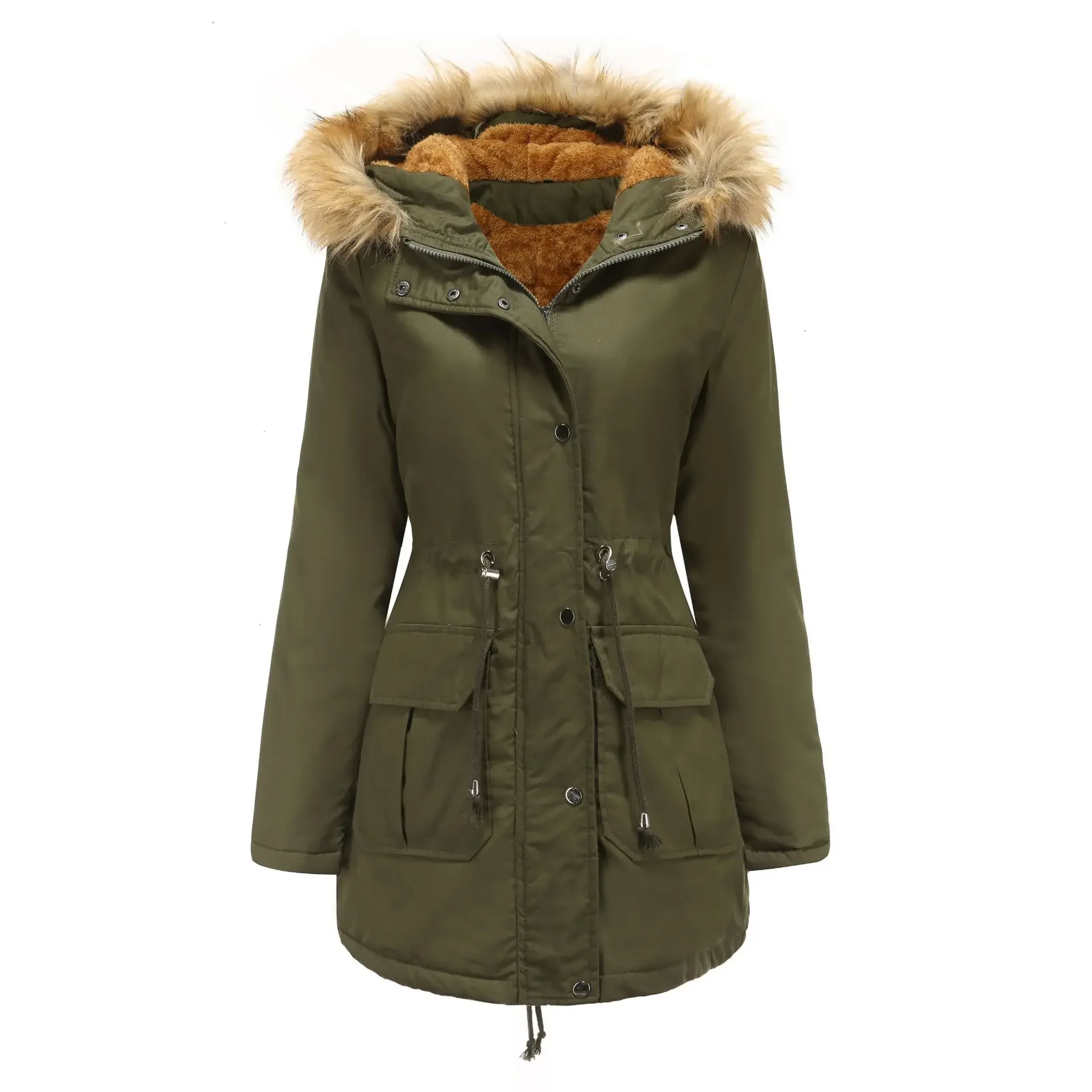 Chaqueta de invierno para mujer, abrigo largo grueso de felpa liso y cálido para invierno, abrigo Parka de piel con capucha a prueba de viento para