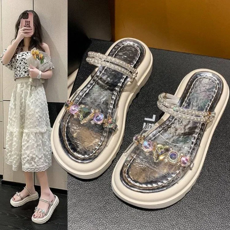 Outdoor Transparent Footwear Diamond Sandals for Women Slippers Platform Ladies Shoes Summer 2024 Gold Asian Size Vip Sale Korea