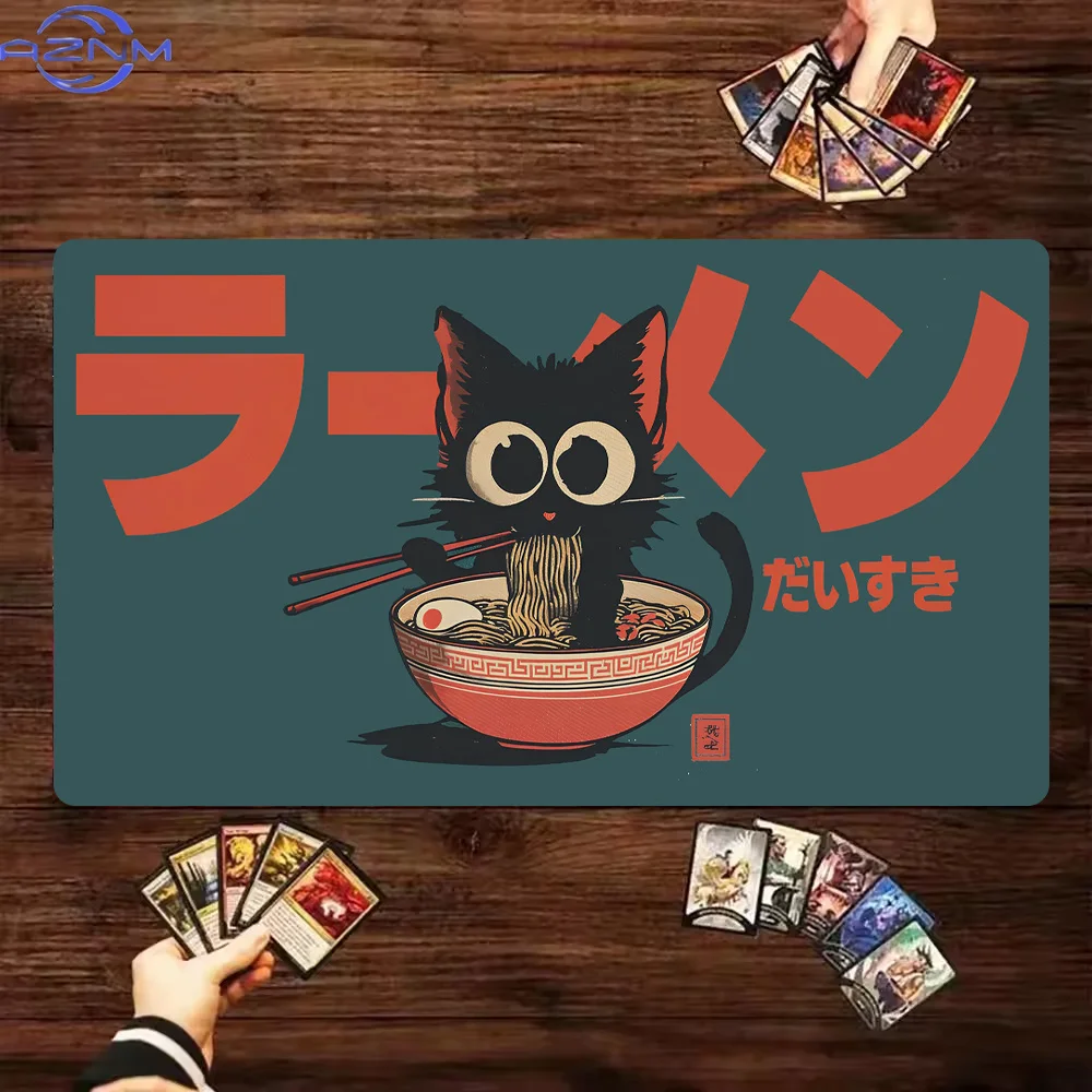 Japanese‑Style Black Cat Eating Ramen Mouse Pad, Traditional Wave‑pattern Non‑Slip Gaming Desk Mat
