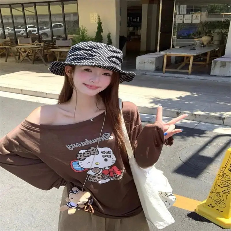 

Футболка Y2K Sanrio Hello Kitty, хлопковая, женская, повседневная, в стиле ретро, коричневая, с открытыми плечами, с длинным рукавом, свободного кроя, молодежная, легкая, сезонная