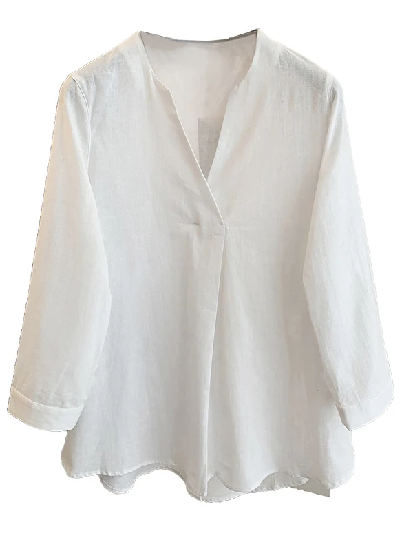 قميص نسائي فضفاض بأكمام طويلة من الكتان باللون الأزرق الفاتح، قميص ربيعي برقبة على شكل V، قميص مريح للحماية من الشمس، قميص قط... #2