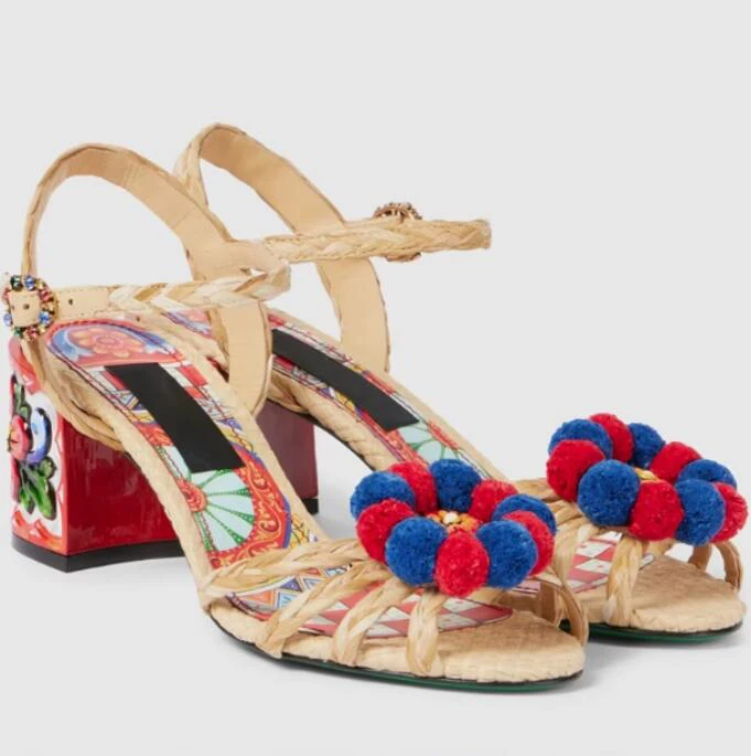 Bohemia Style Pompom Flower Floral Printing 6cm Chunky Heels Sandals Leather Braided Ankle Strap Summer Sandals view 4