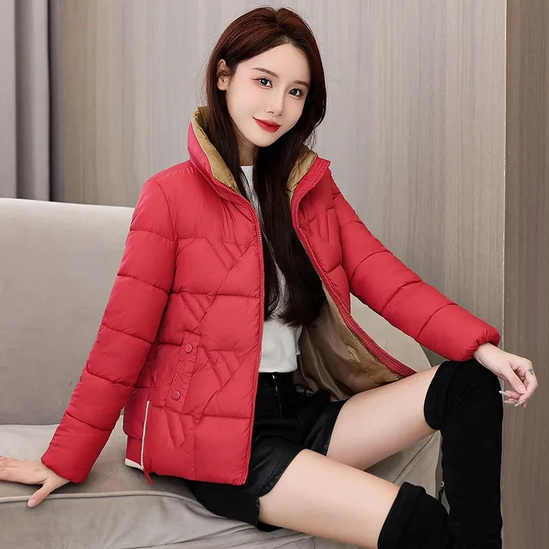 2023 New Short Down Cotton-Padded Jacket Female Slim Fashion Collar Loose Joker Warm Zipper Comfortable Pocket Outerwear