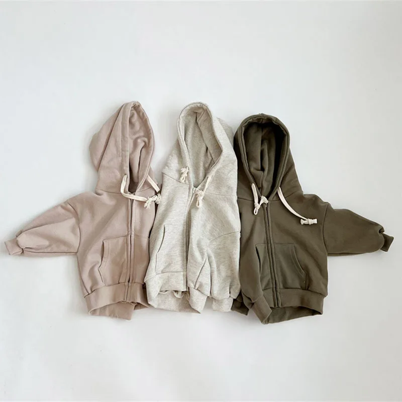 2024 New Children Casual Hooded Jacket Solid Baby Loose Hoodie Cotton Boys Coat Autumn Infant Girl Zipper Jacket Tops