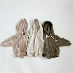 2024 yeni çocuk rahat kapüşonlu ceket katı bebek gevşek Hoodie pamuk erkek ceket sonbahar bebek kız fermuarlı ceket Tops