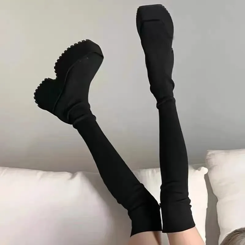 Women\'s Over The Knee Sock Boots 2023 Winter New Fashion Stretch Thick Heels Knitted Long Boots Women Slip on Platform Shoes