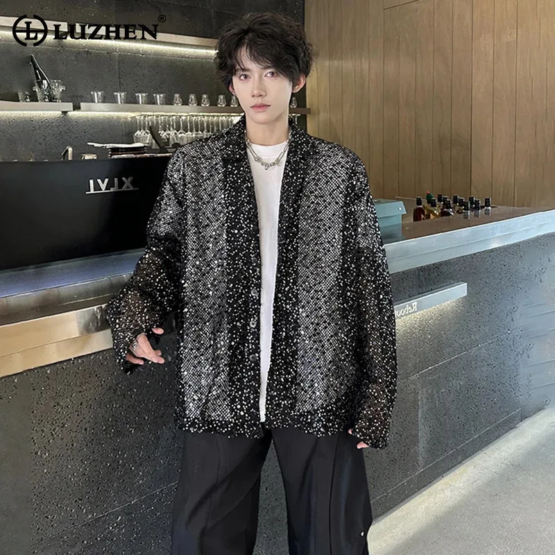 

LUZHEN Stylish Sequined Mesh Perspective 2025 Shirts Cardigan Men's Summer Luxury Elegant Casual Male Sunscreen Clothing JY2702